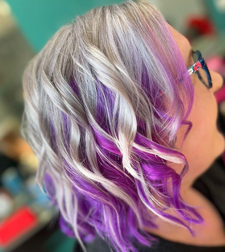 Silver And Purple Colored Wavy Hairstyle