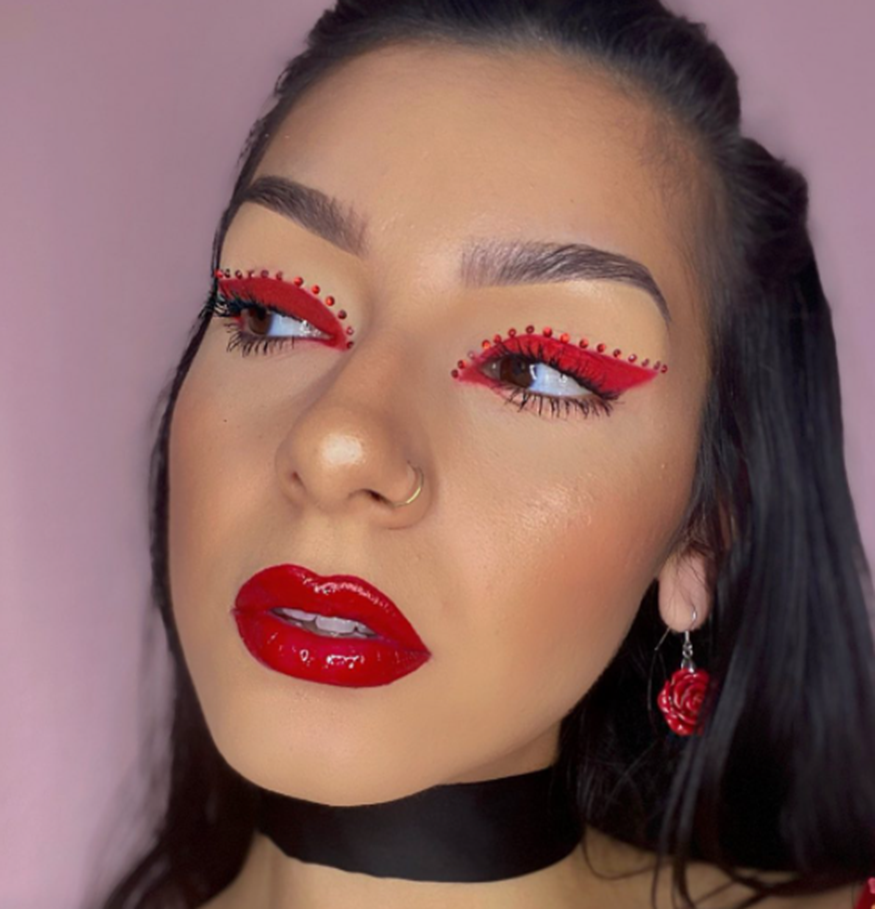 Strong Red Glittered Eye Look Red Makeup Look