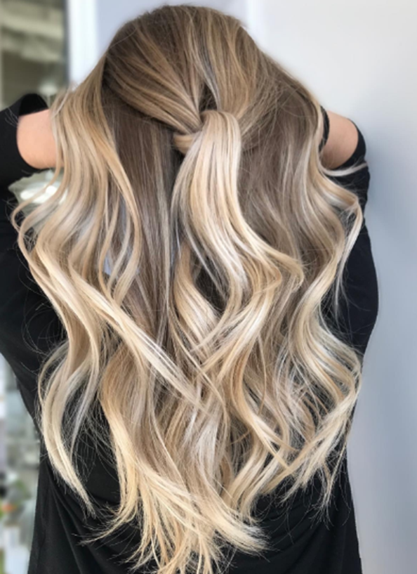 Top Knot With Lowlights Blonde Balayage Hairstyle Ideas