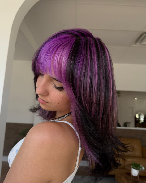 Bangs With Purple Highlights In Brown Hair