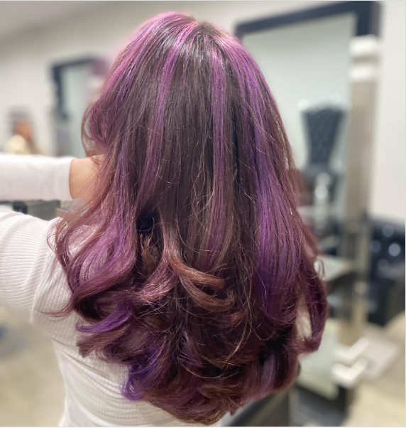 Layered With Purple Highlights In Brown Hair