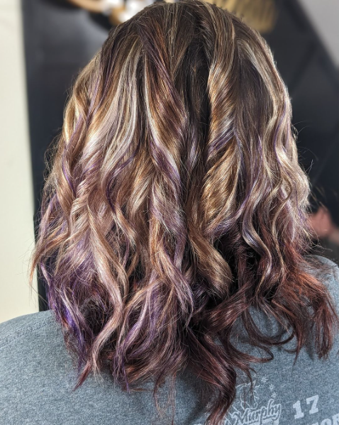 Long Bob Curly With Purple Highlights In Brown Hair