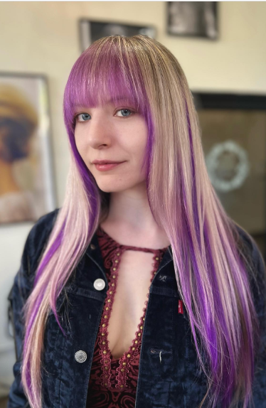  Long Hair With Bangs And Purple Highlights In Brown Hair