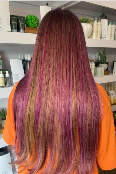 Long Straight Hair With Purple Highlights In Brown Hair