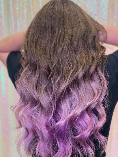 Long Wavy With Purple Highlights In Brown Hair