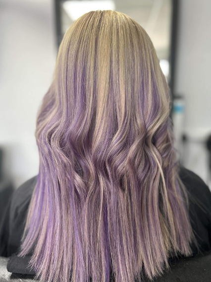 Middle Wavy With Purple Highlights In Brown Hair
