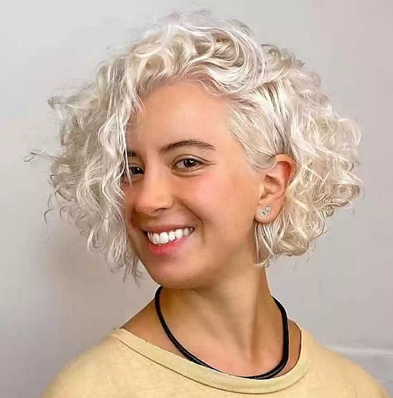 Platinum Bright White Curly Short Hairstyle With Highlight