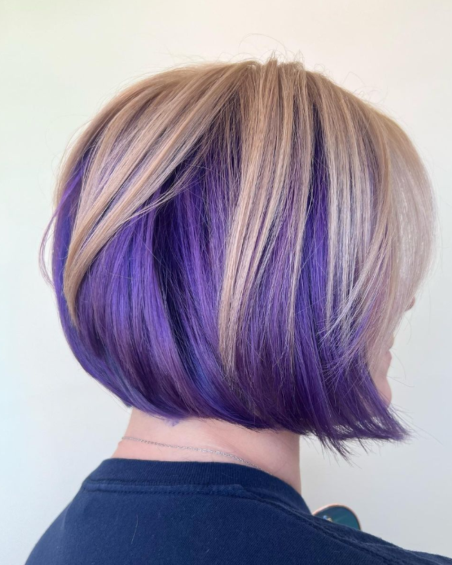 Rounded Bob Purple Highlights In Brown Hair