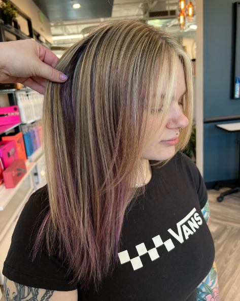 Shinny Blonde And Purple Highlights In Brown Hair