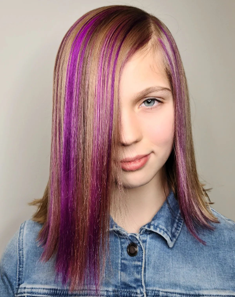 Straight Hair With Purple Highlights In Brown Hair