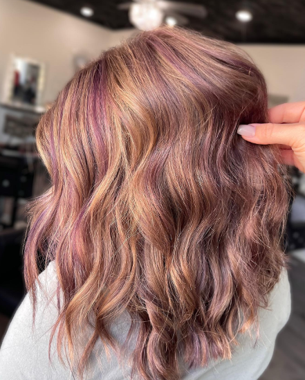 Wavy Balayage With Purple Highlights In Brown Hair