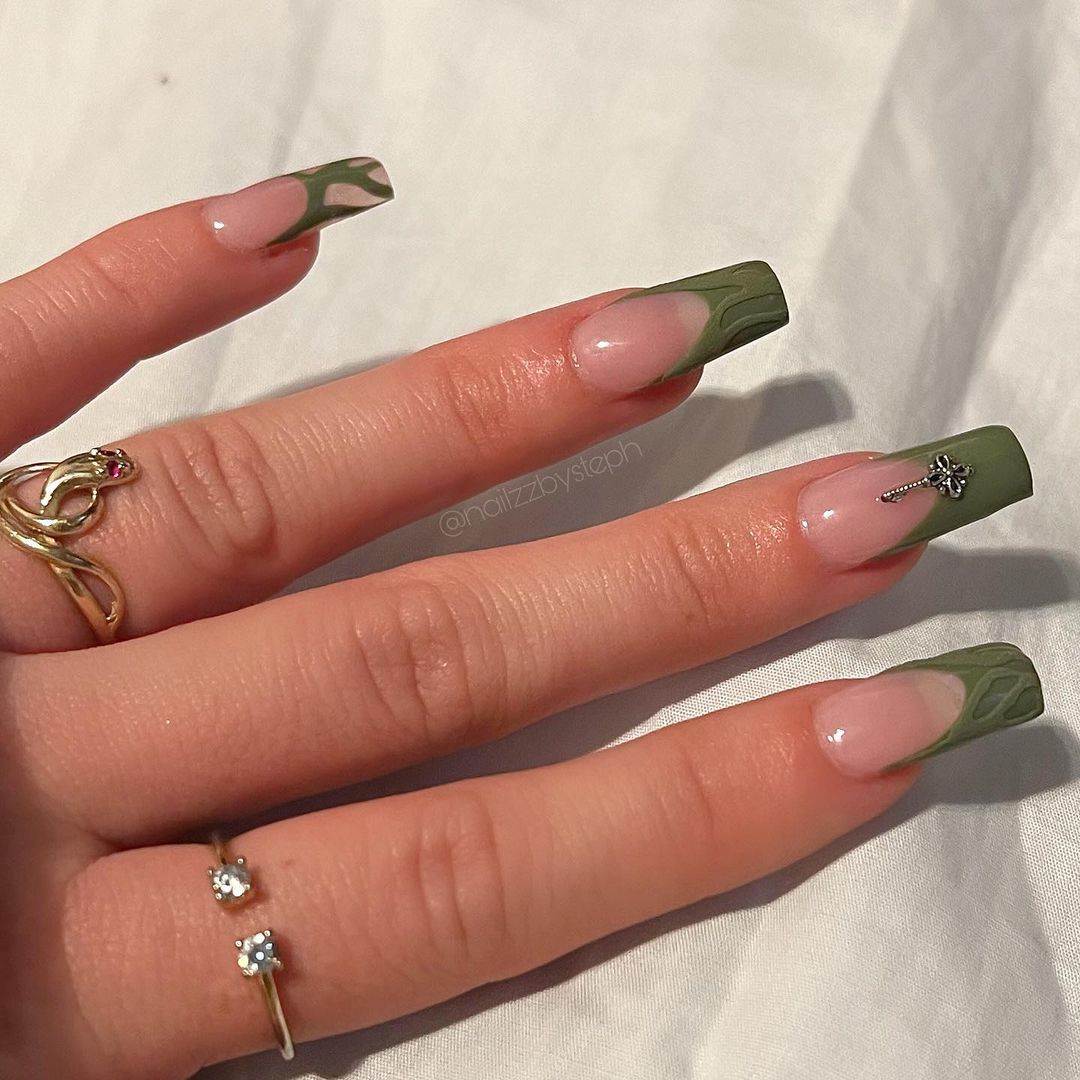 Clear Shine Olive Green Nails Design